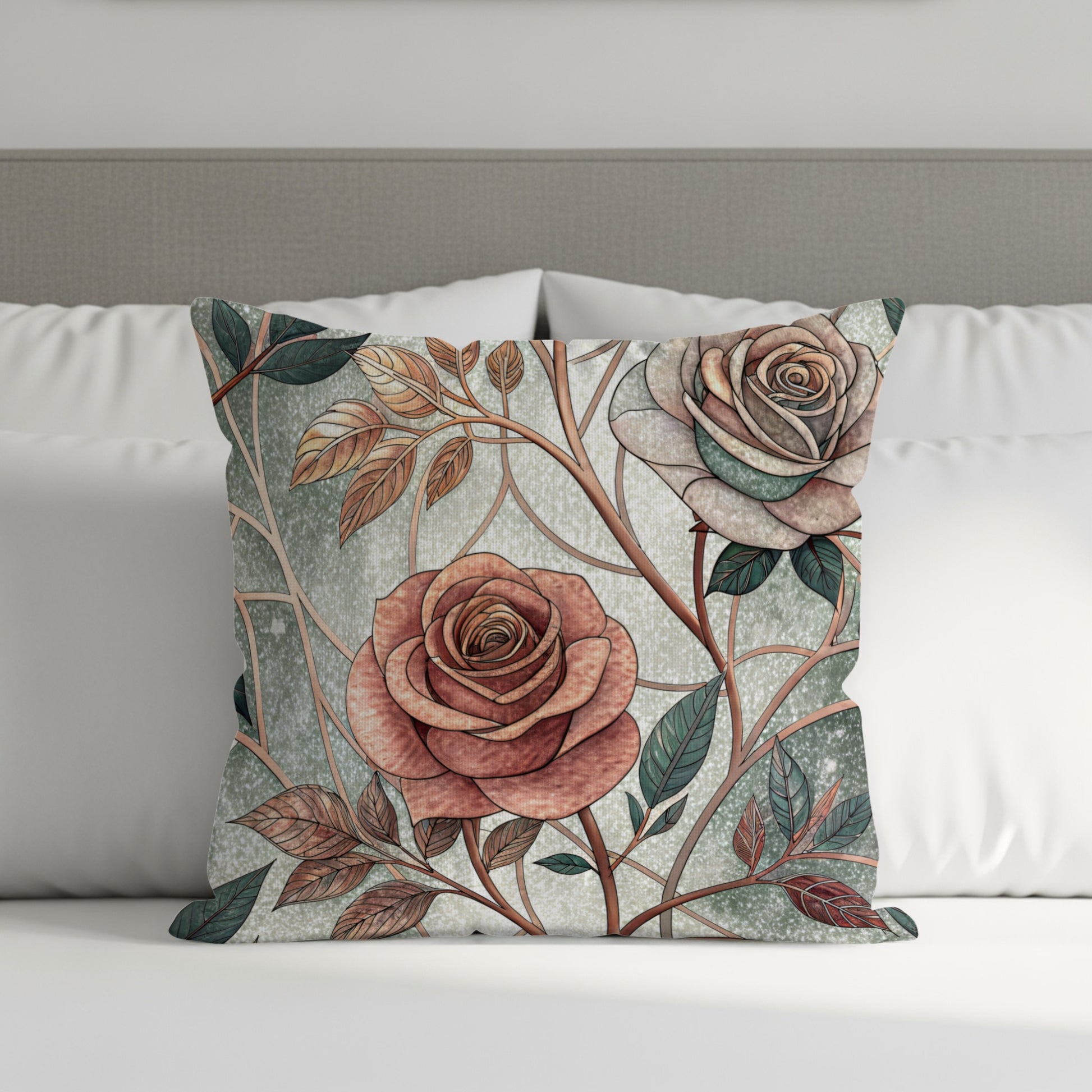 Pink And White Roses With Leaves And Branches Pattern Throw Pillows - Walk Greener