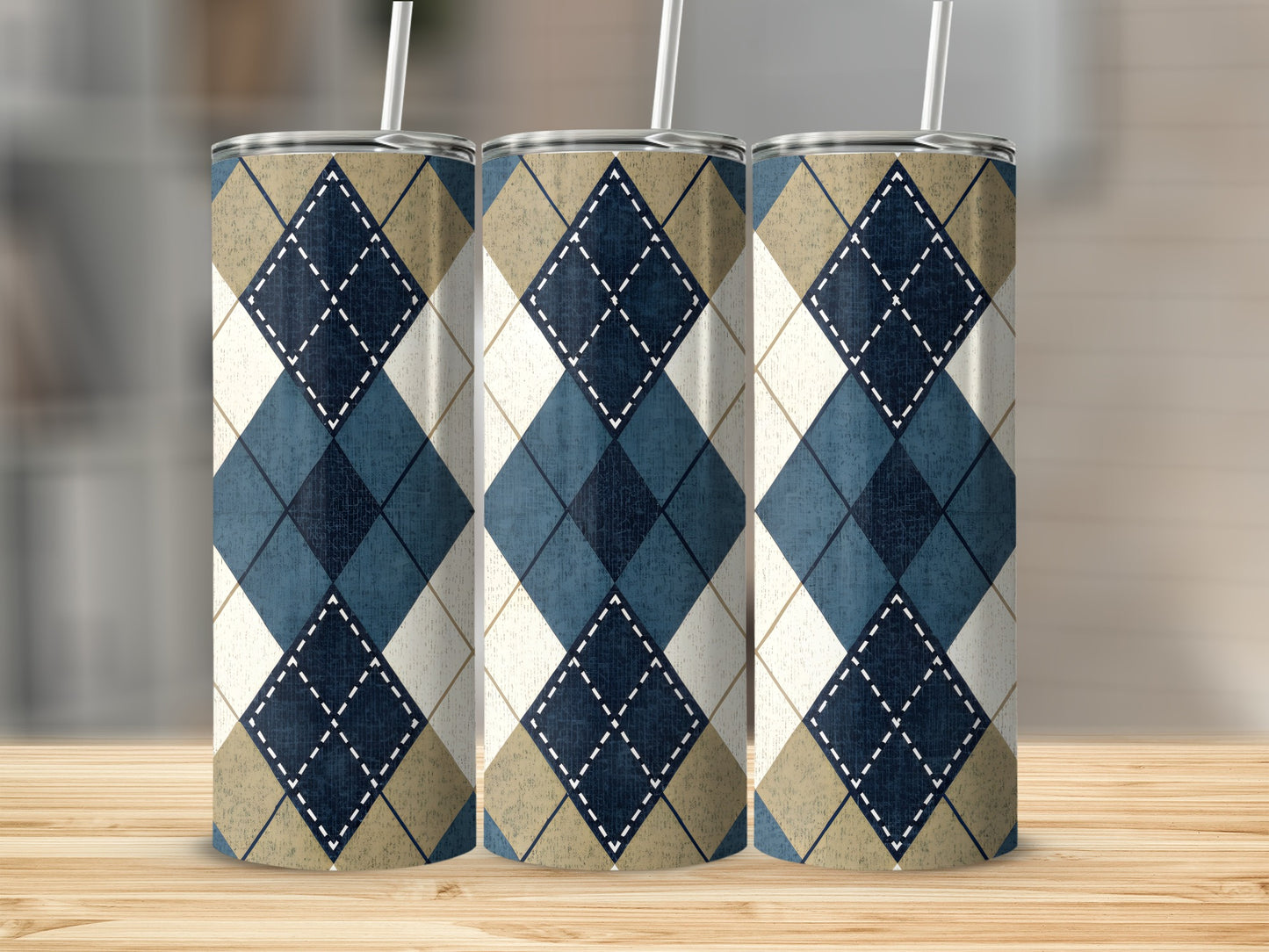 Blue Beige and White Argyle Plaid Patterned Design Tumbler - Walk Greener
