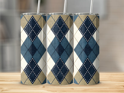 Blue Beige and White Argyle Plaid Patterned Design Tumbler - Walk Greener