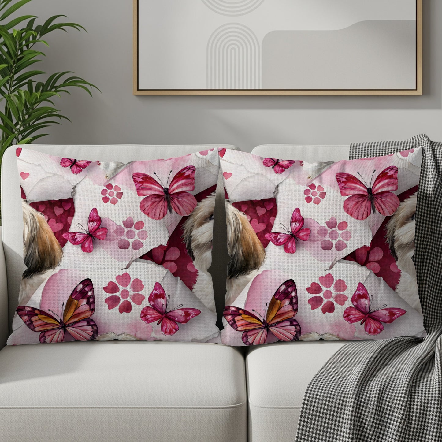 Dog with Butterflies on Pink Floral Background Throw Pillows - Walk Greener