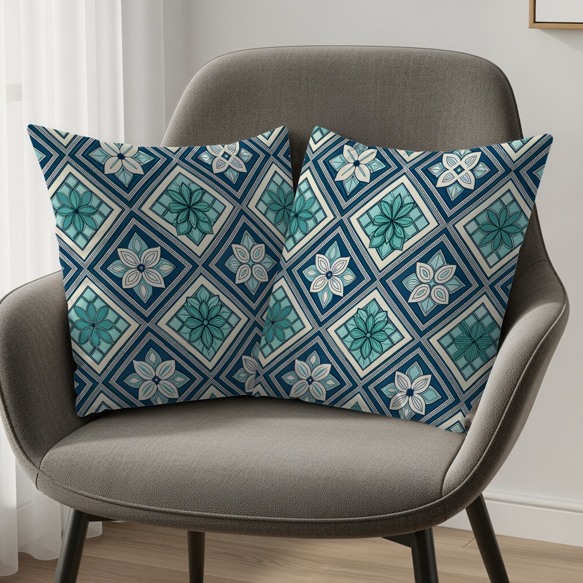 Blue and White Floral Geometric Design Pillow Cover