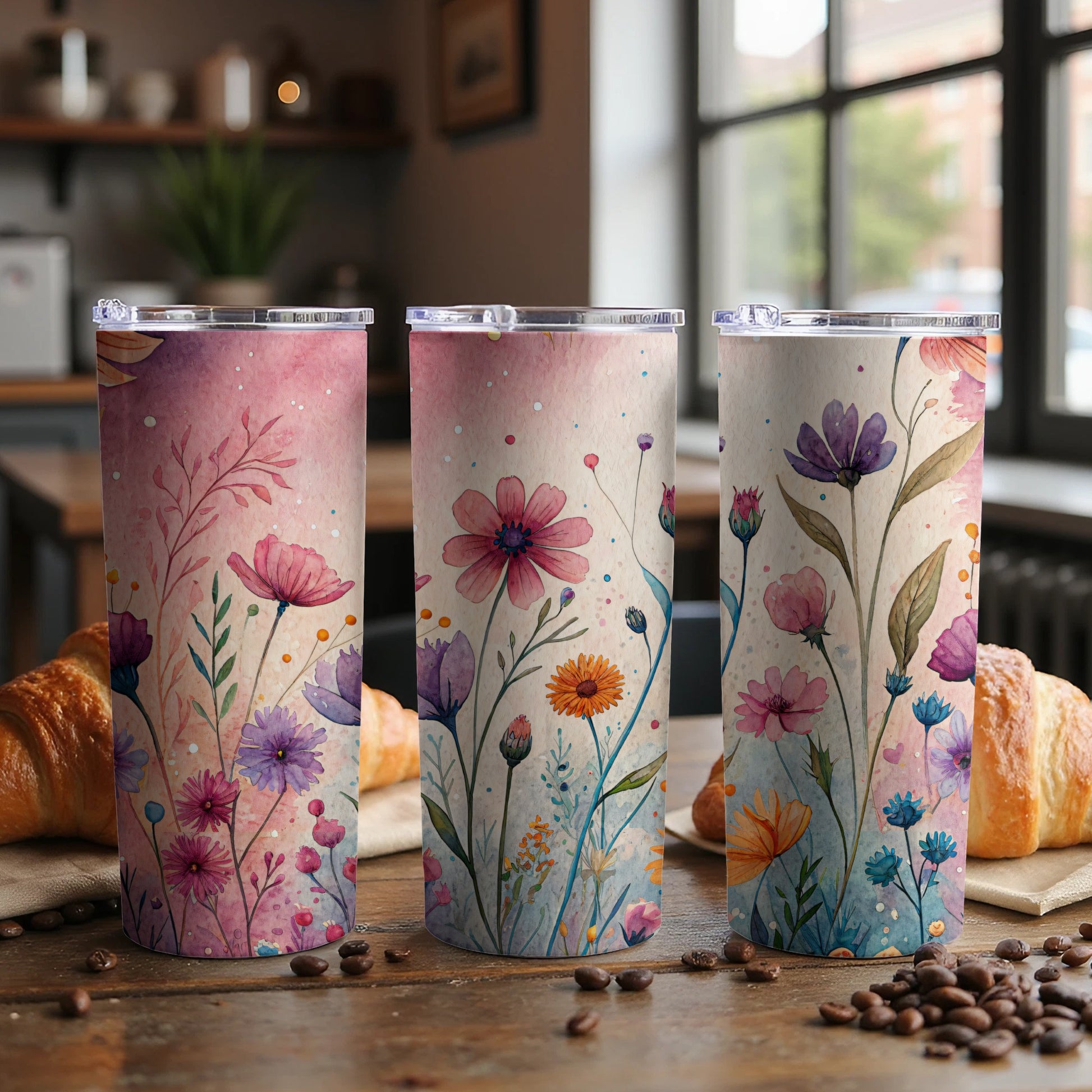 Watercolor Flowers On The Meadow Pink Purple 20 oz Skinny Tumbler - Walk Greener