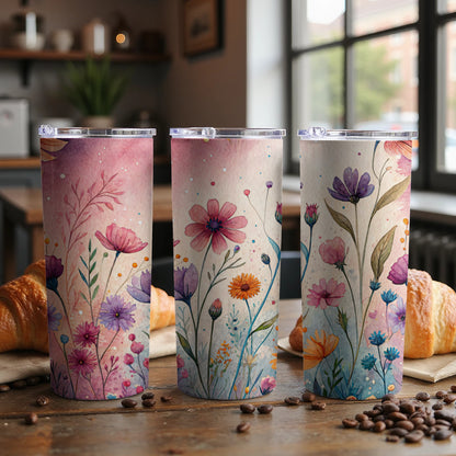 Watercolor Flowers On The Meadow Pink Purple 20 oz Skinny Tumbler - Walk Greener