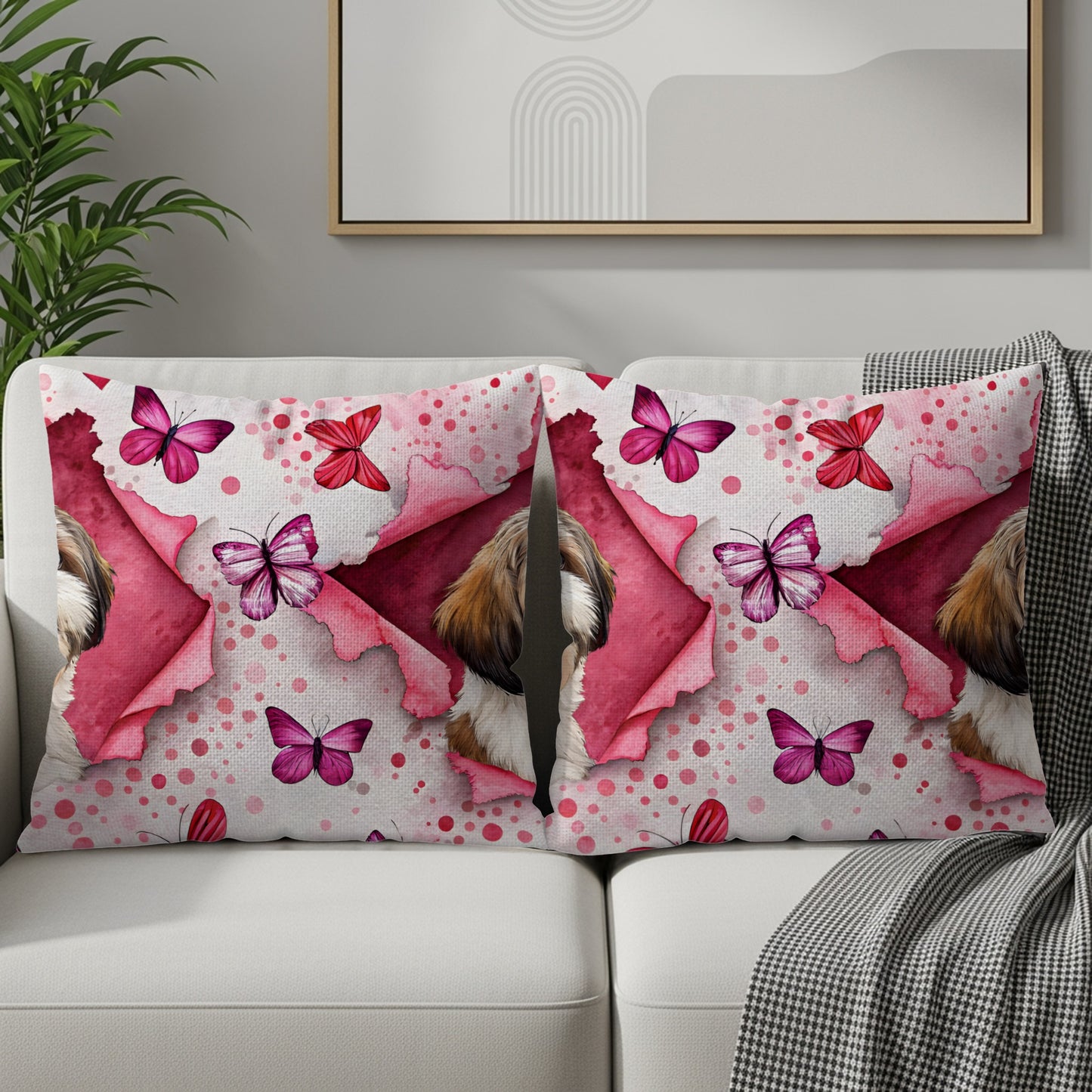 Adorable Puppy with Pink Butterflies Decorative Pillow Cover