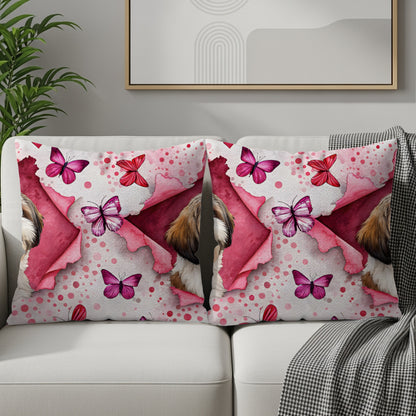 Adorable Puppy with Pink Butterflies Decorative Pillow Cover