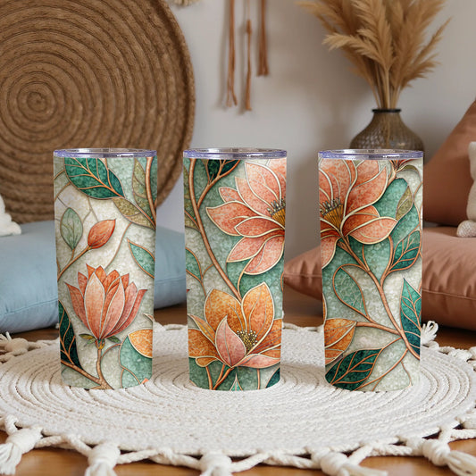 Stained Glass Inspired Magnolia Flowers on Branches 20 oz Skinny Tumbler - Walk Greener