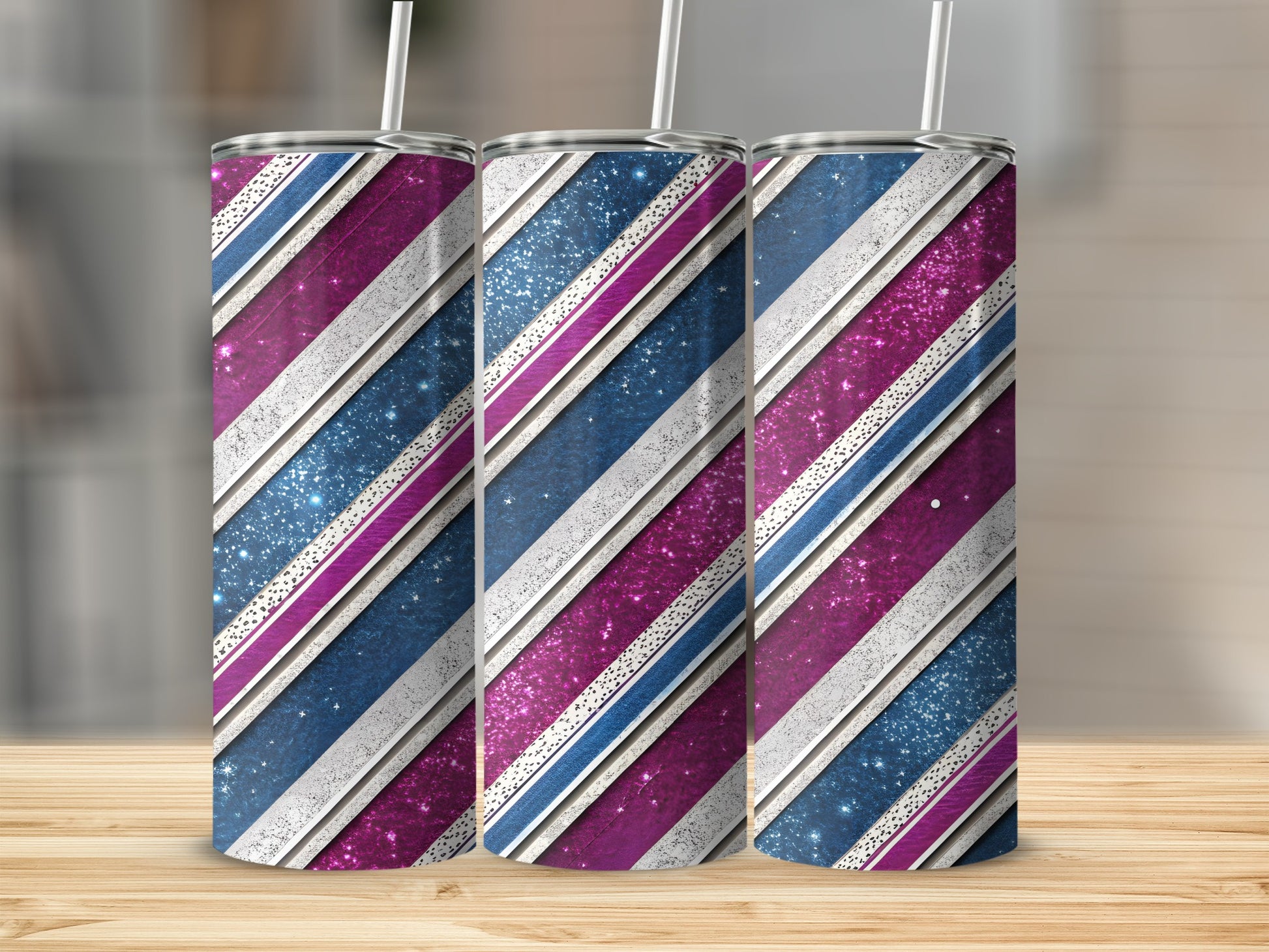 Striped Sparkling Blue and Pink Tumbler with Metallic Accents