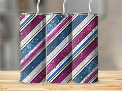 Striped Sparkling Blue and Pink Tumbler with Metallic Accents