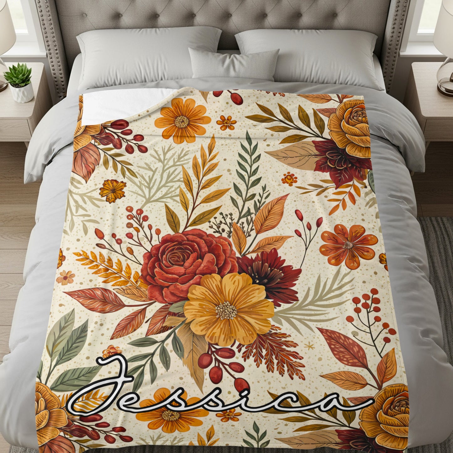 Autumn Floral Blanket with Custom Name Jessica