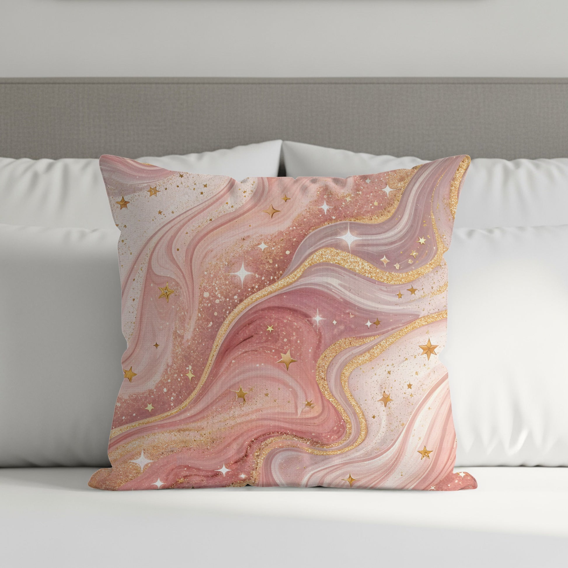 Pink Gold Glitter Swirl Stars Design Pattern Throw Pillows - Walk Greener