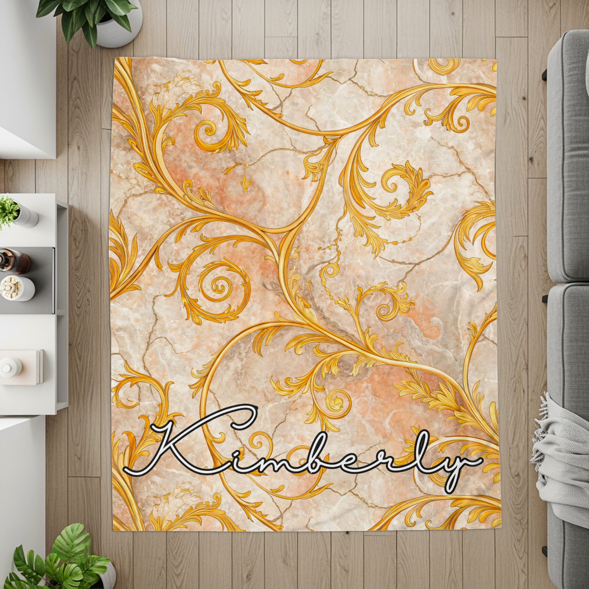 Gold Floral Swirls on Marble Custom Name Blanket - Walk Greener