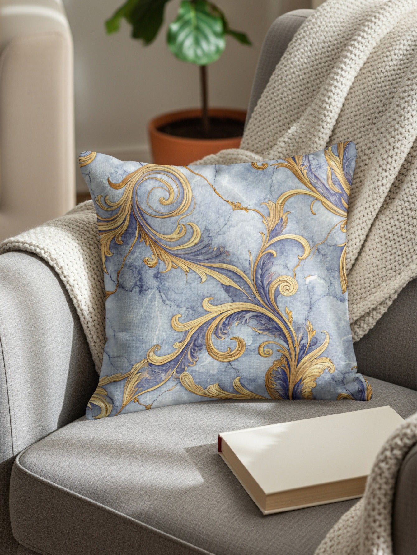 Ornate Gold Floral on Blue Marble Decorative Floral Throw Pillows - Walk Greener