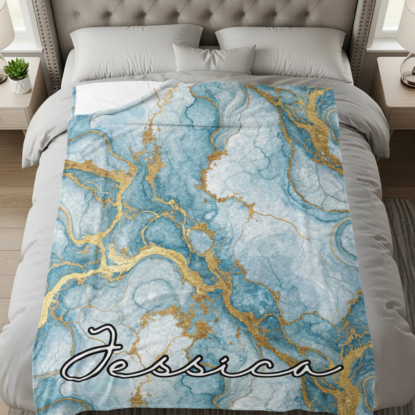 Teal and Gold Marble Custom Name Special Blanket - Walk Greener