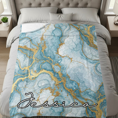 Teal and Gold Marble Custom Name Special Blanket - Walk Greener