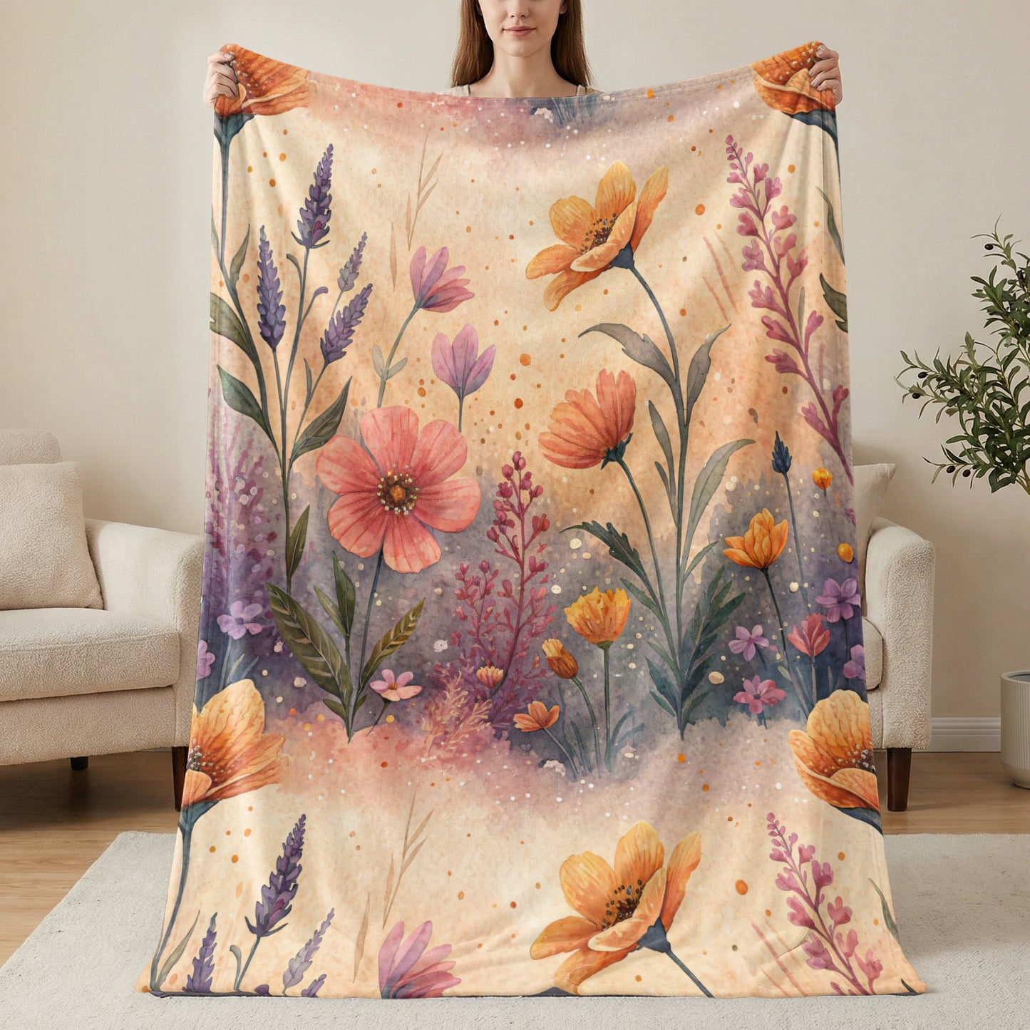Floral Delight Watercolor Design Velveteen Plush Blankets - Walk Greener