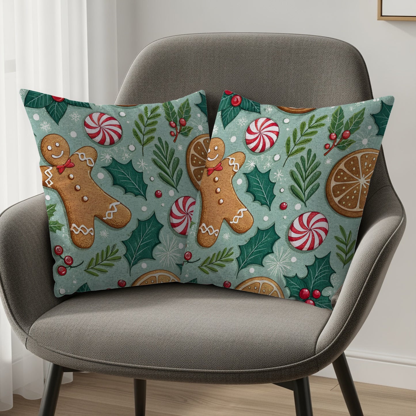 Festive Gingerbread and Peppermint Throw Pillow Set