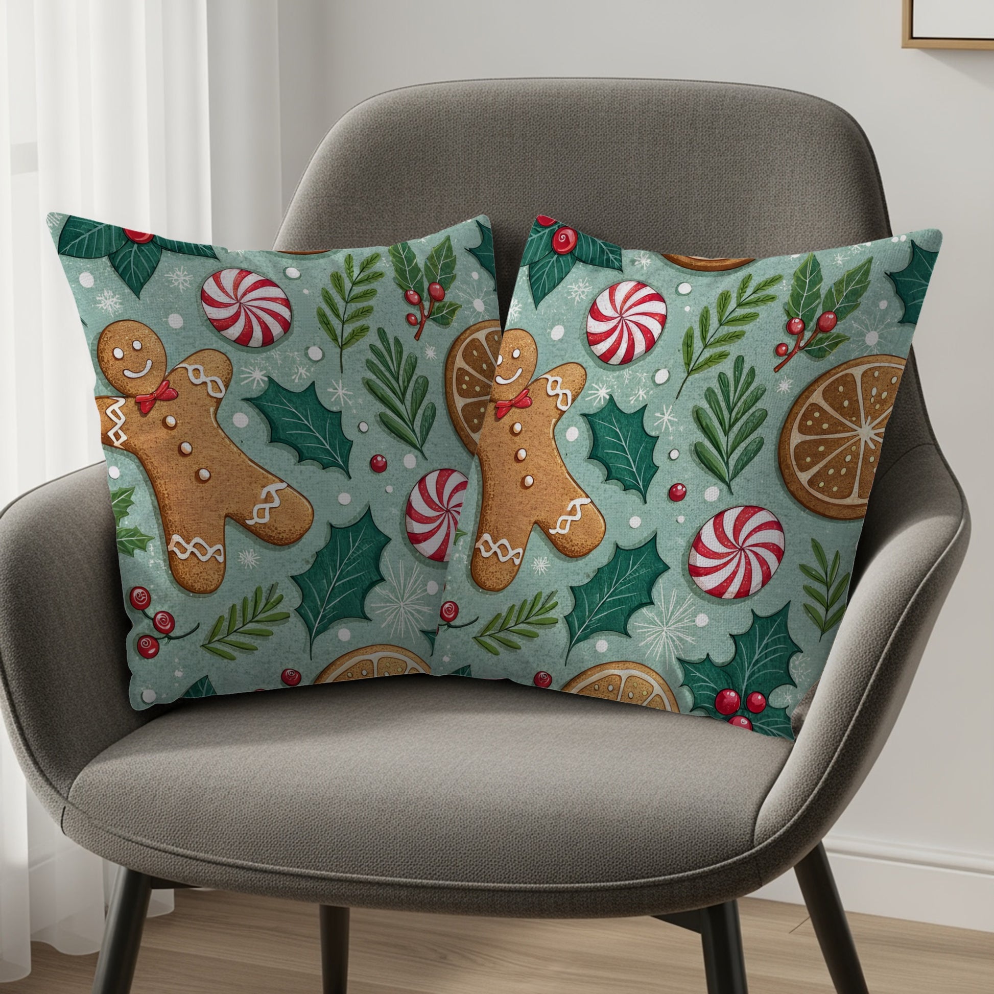 Festive Gingerbread and Peppermint Throw Pillow Set