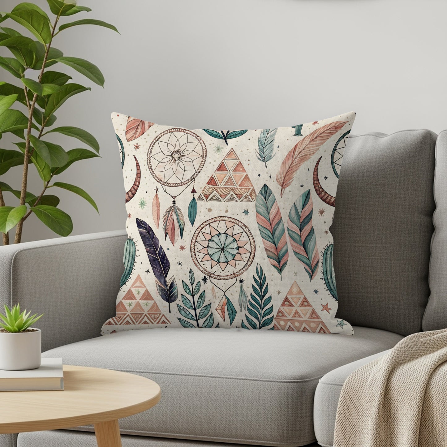 Dream Catcher and Feather Design Throw Pillow