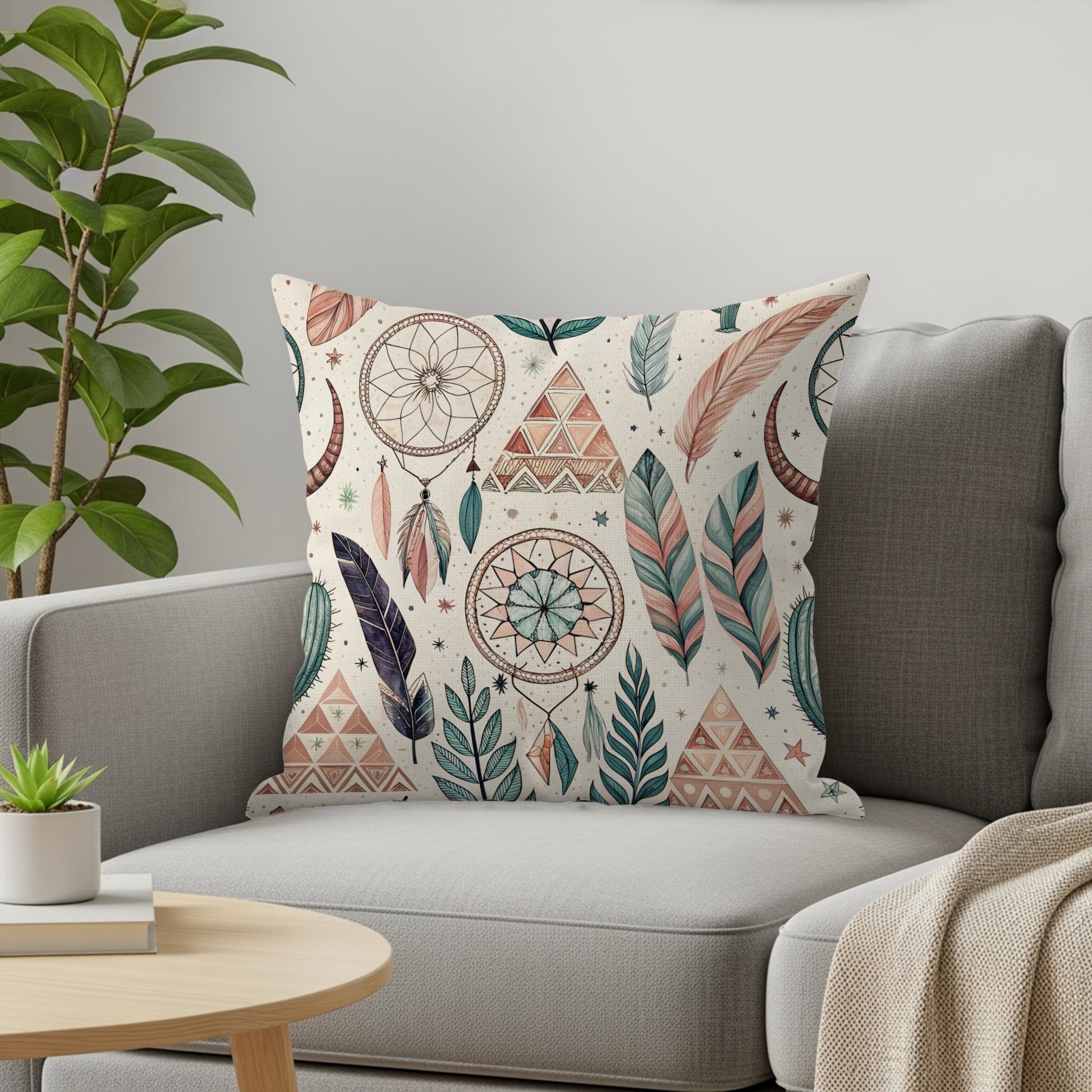 Dream Catcher and Feather Design Throw Pillow