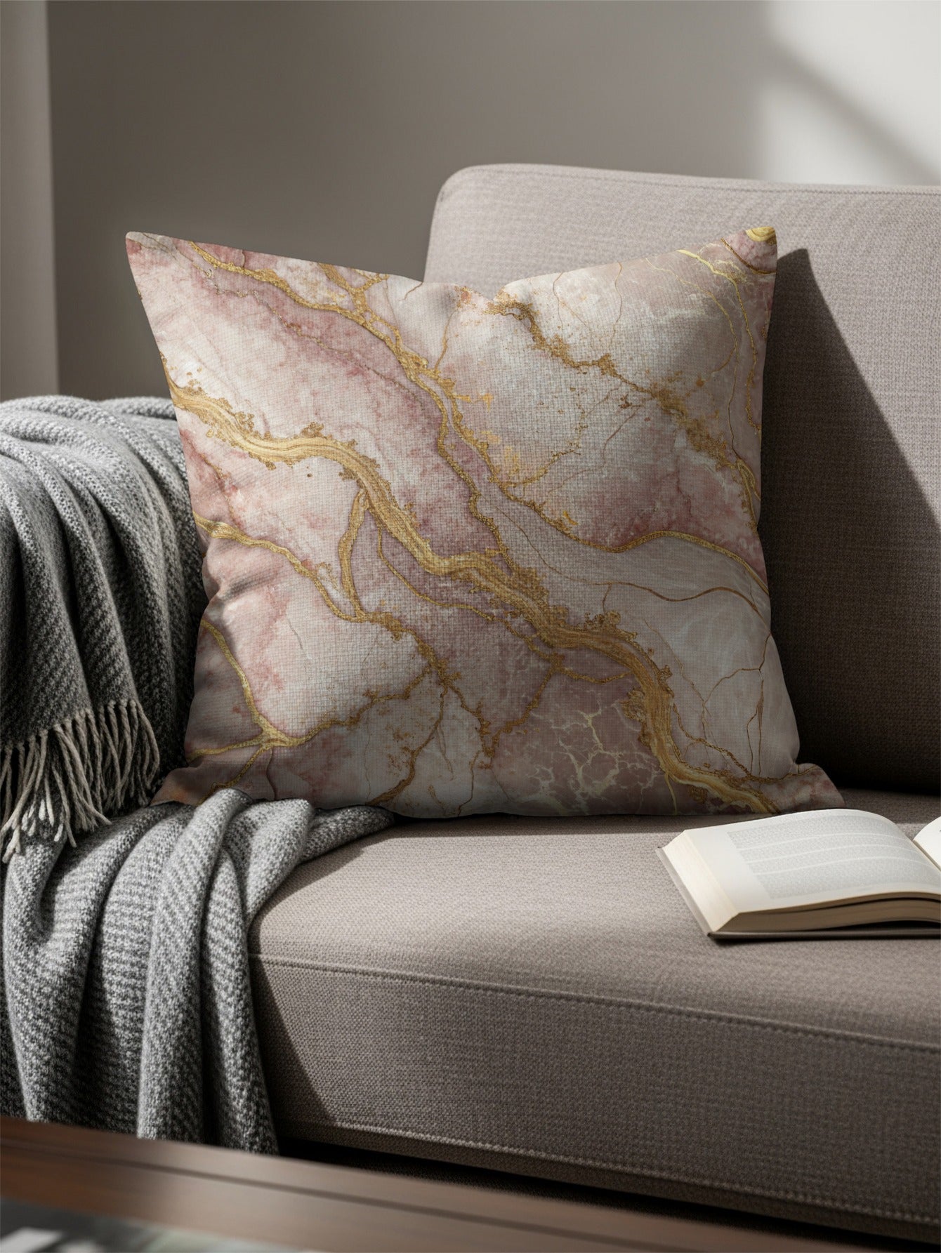 Elegant Pink and Gold Marble Design Throw Pillow