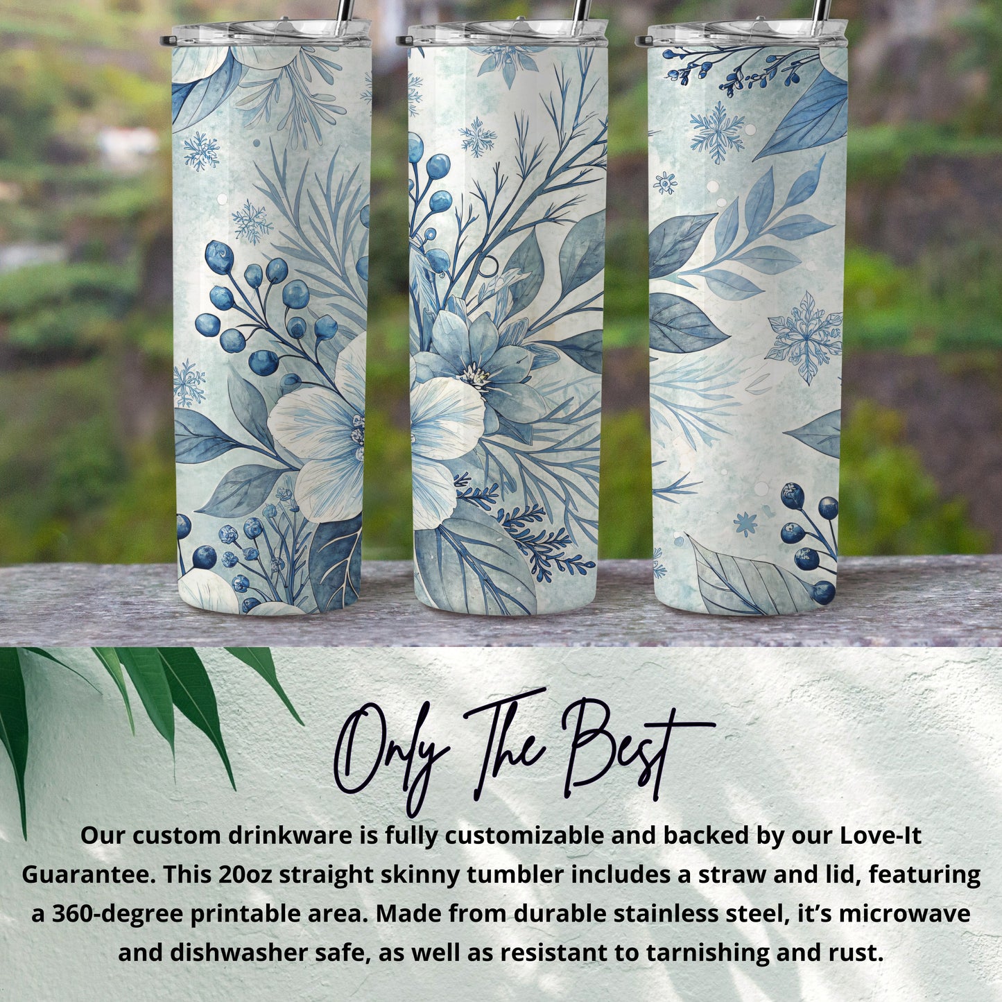 Blue Floral Design 20oz Skinny Tumbler with Straw and Lid