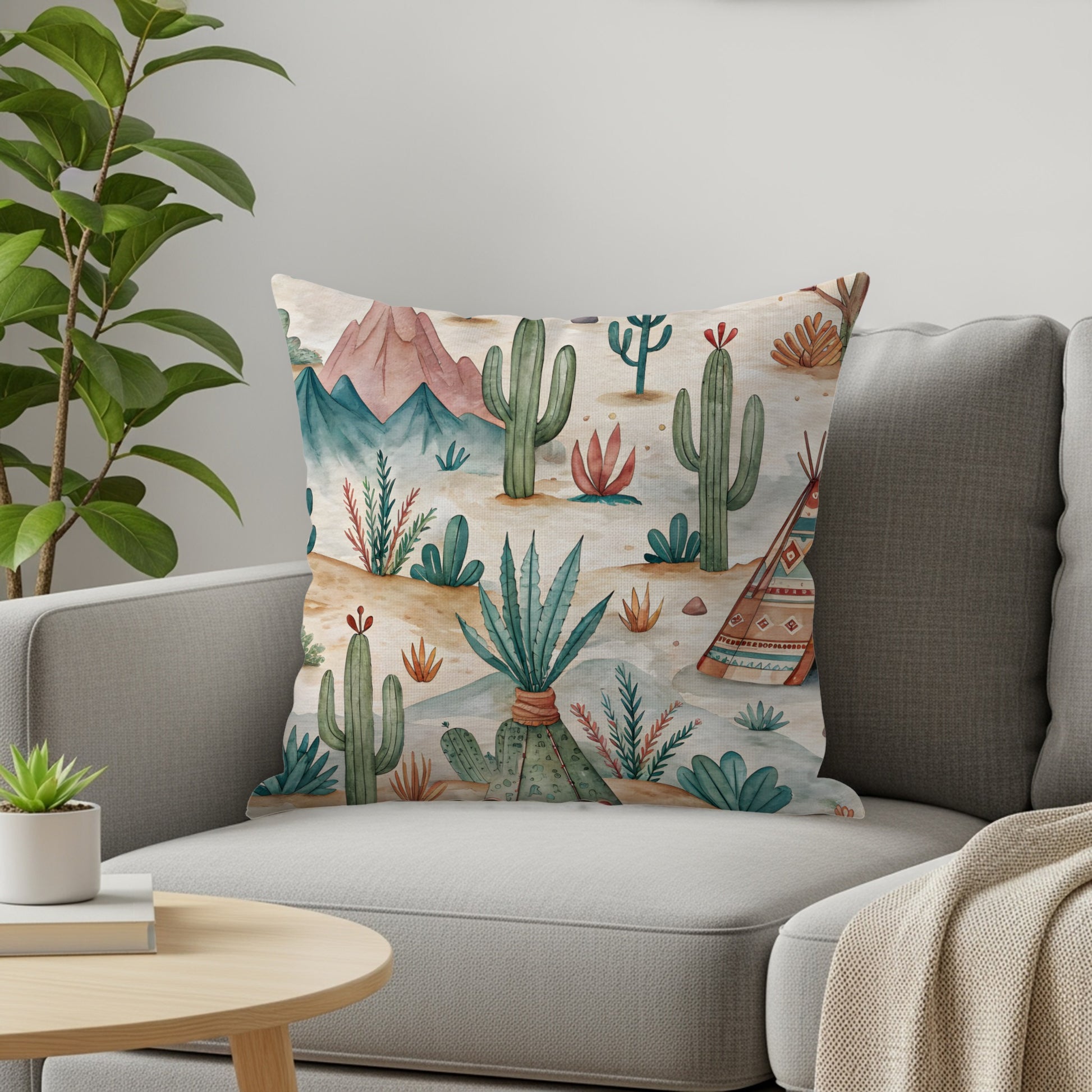 Decorative Cactus and Teepee Pattern Throw Pillow Cover