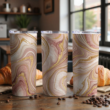 Elegant Gold and Pink Marble Travel Tumbler set