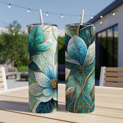Teal And Gold Floral Watercolor Pattern 20 oz Skinny Tumbler - Walk Greener