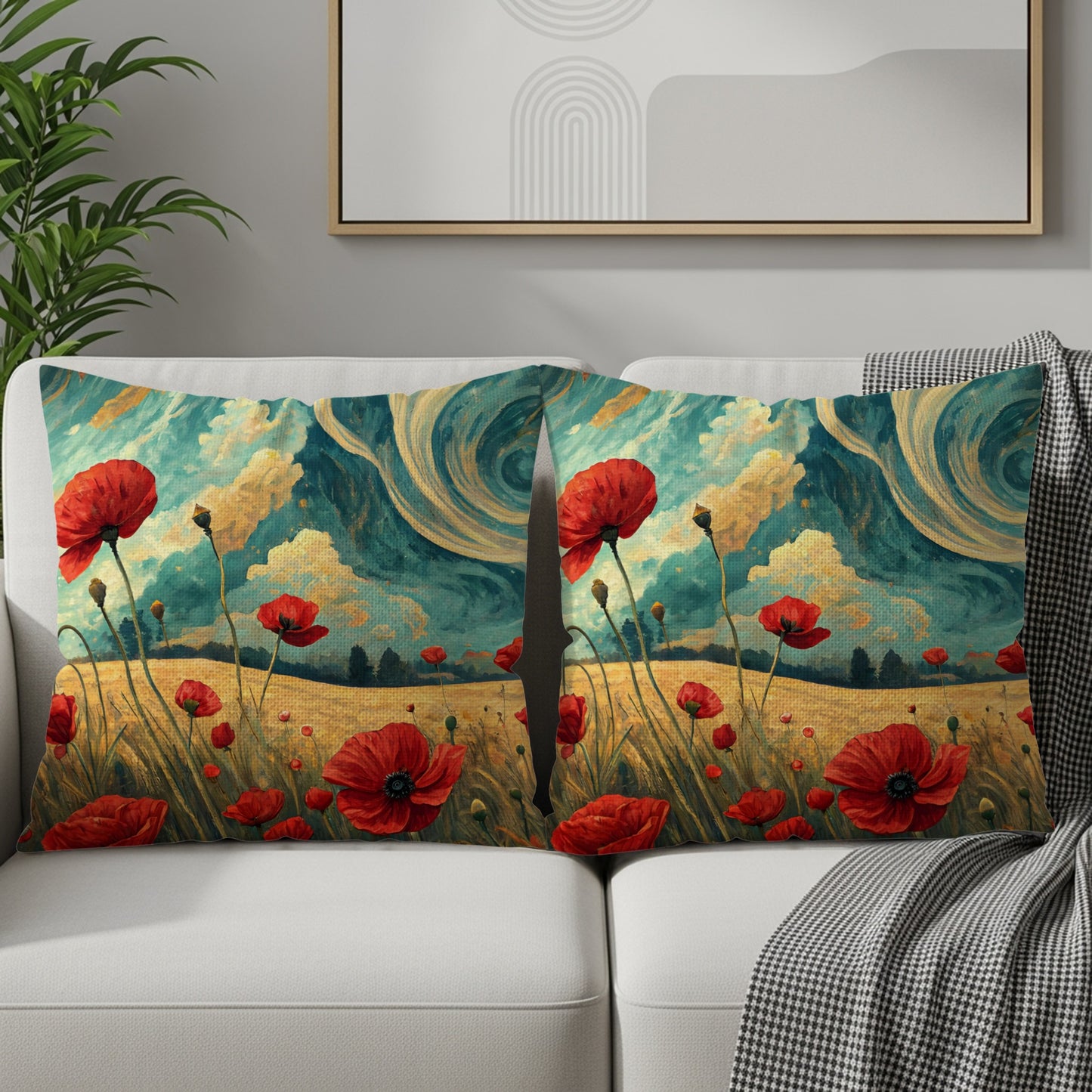 Vibrant Red Poppies and Swirling Sky Cushion Cover