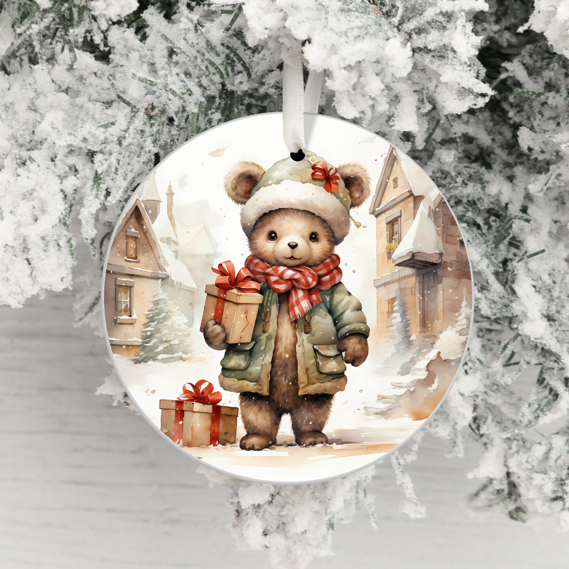 Teddy Bear with Gift in Winter Scene Ornament product