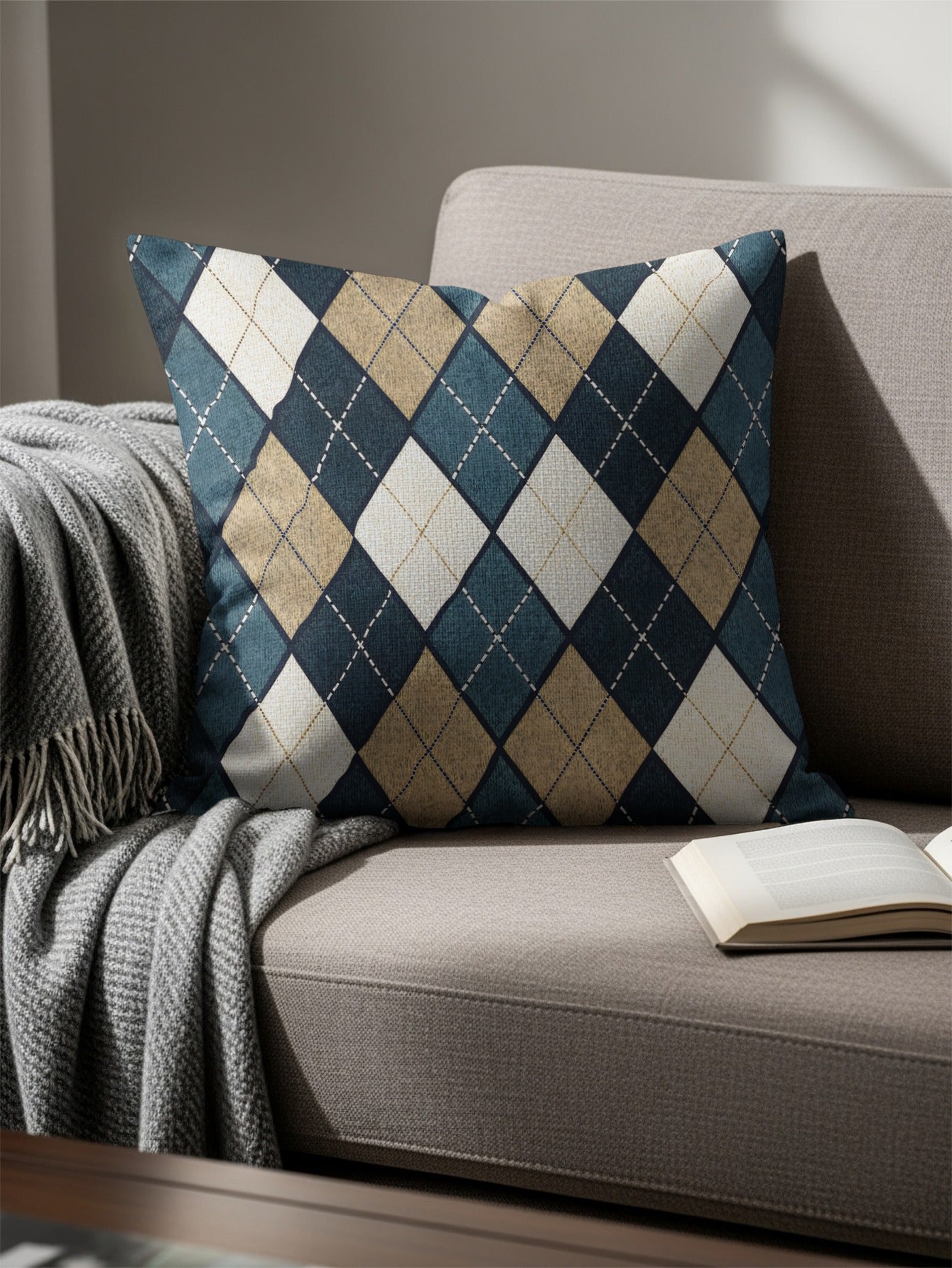 Blue Tan and White Diamond Patterned Argyle Throw Pillows - Walk Greener