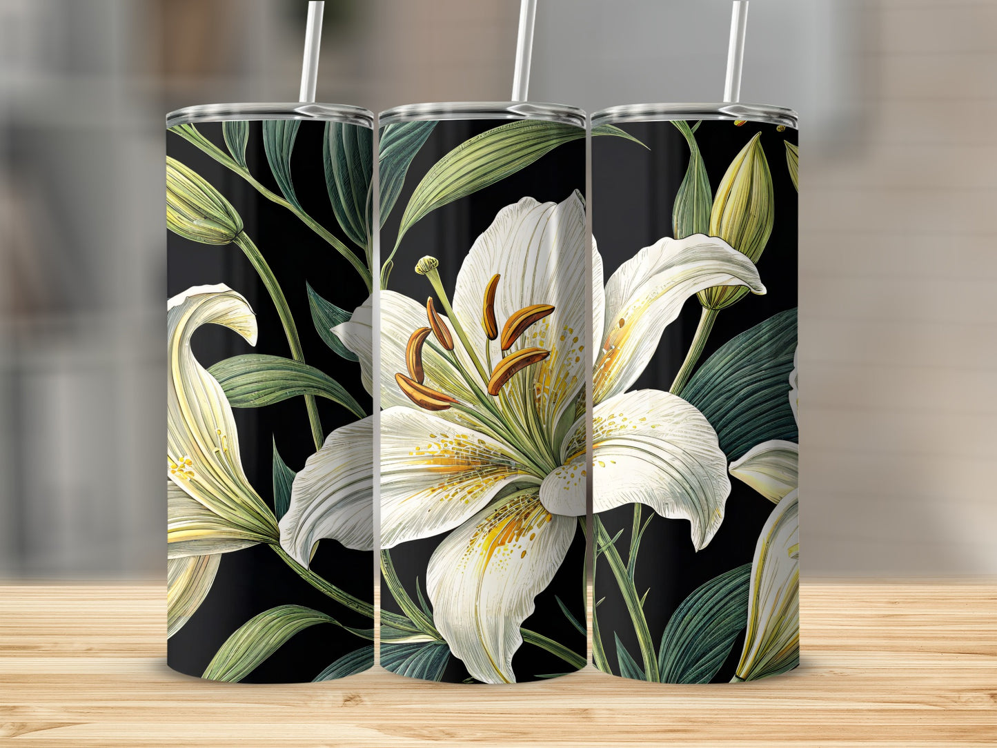 Delicate White Lilies on Black Background for Floral Lovers Tumblers - Walk Greener