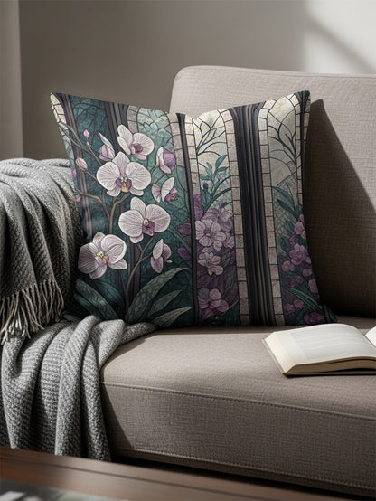 Elegant Stained Glass Orchid Pattern Cushion Cover