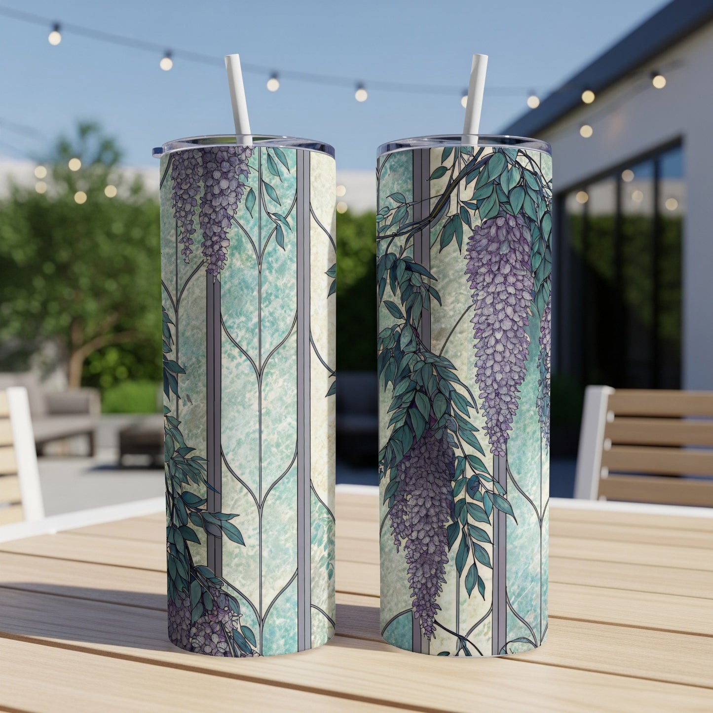 Wisteria Flowers At Faux Stained Glass Window 20 oz Skinny Tumbler - Walk Greener