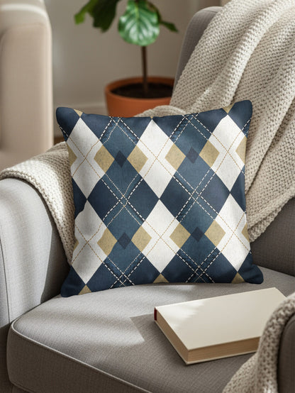 Blue and Beige Diamond Pattern Geometric Style Throw Pillows - Walk Greener