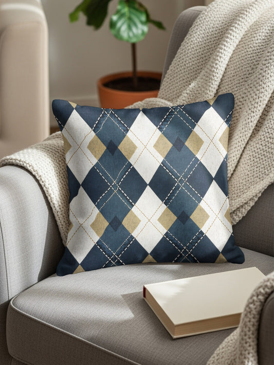 Blue and Beige Diamond Pattern Geometric Style Throw Pillows - Walk Greener