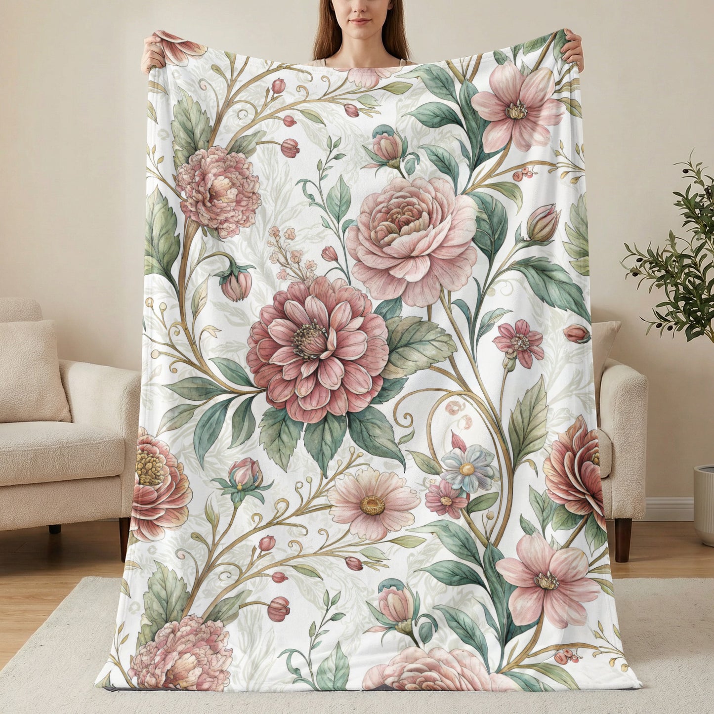 Elegant Botanical Garden Inspired Floral Art Design Velveteen Plush Blankets - Walk Greener