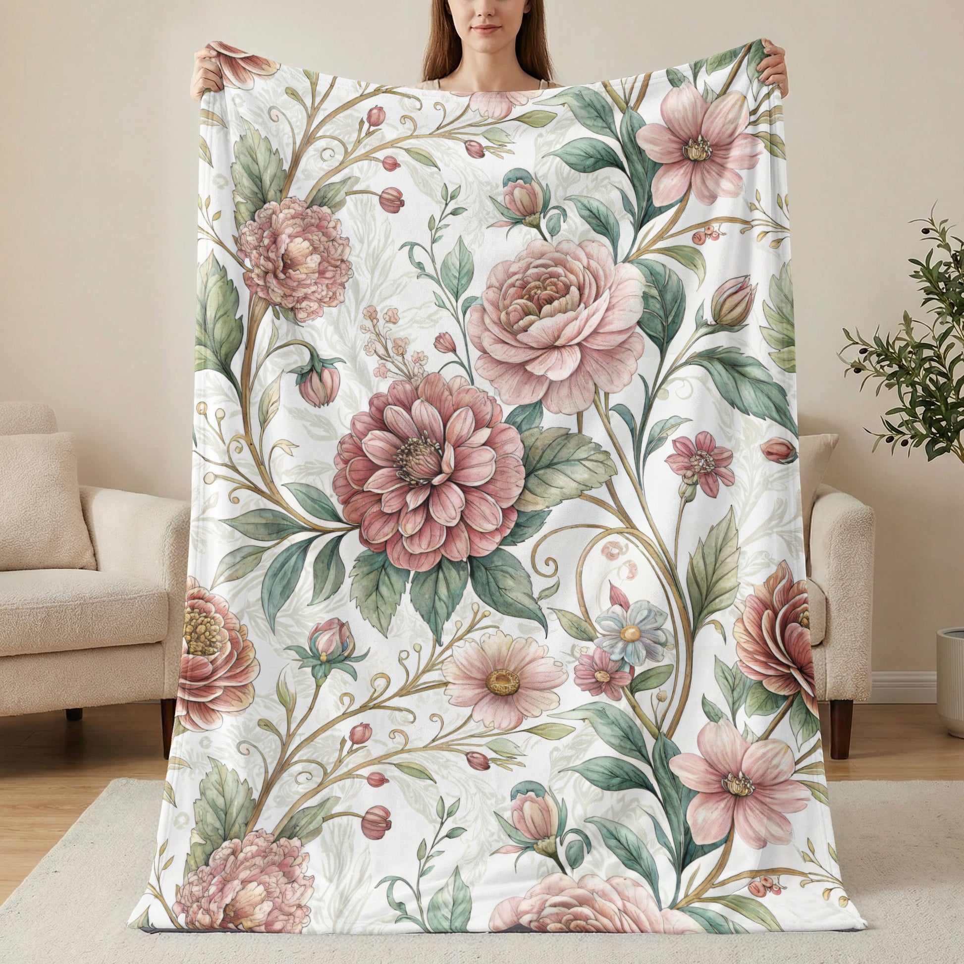 Elegant Botanical Garden Inspired Floral Art Design Velveteen Plush Blankets - Walk Greener