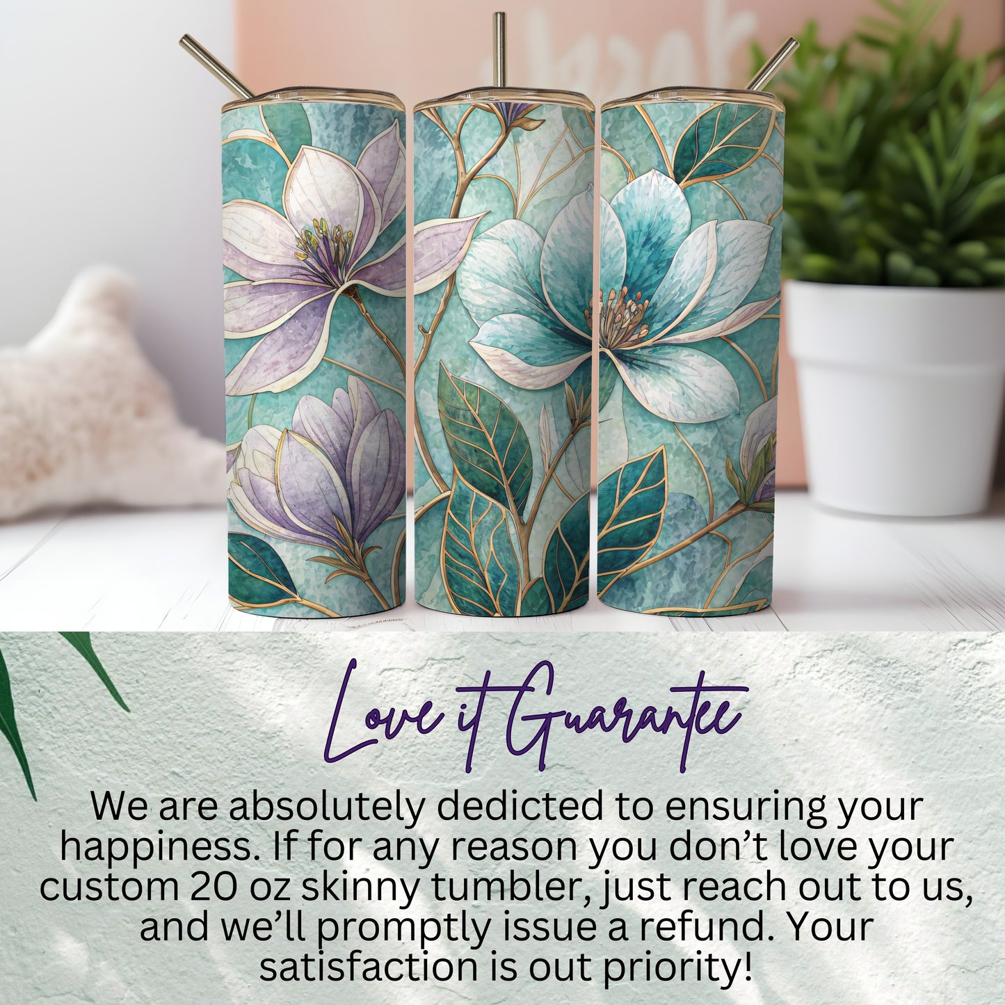 Magnolia Floral Watercolor Teal Background 20 oz Skinny Tumbler - Walk Greener