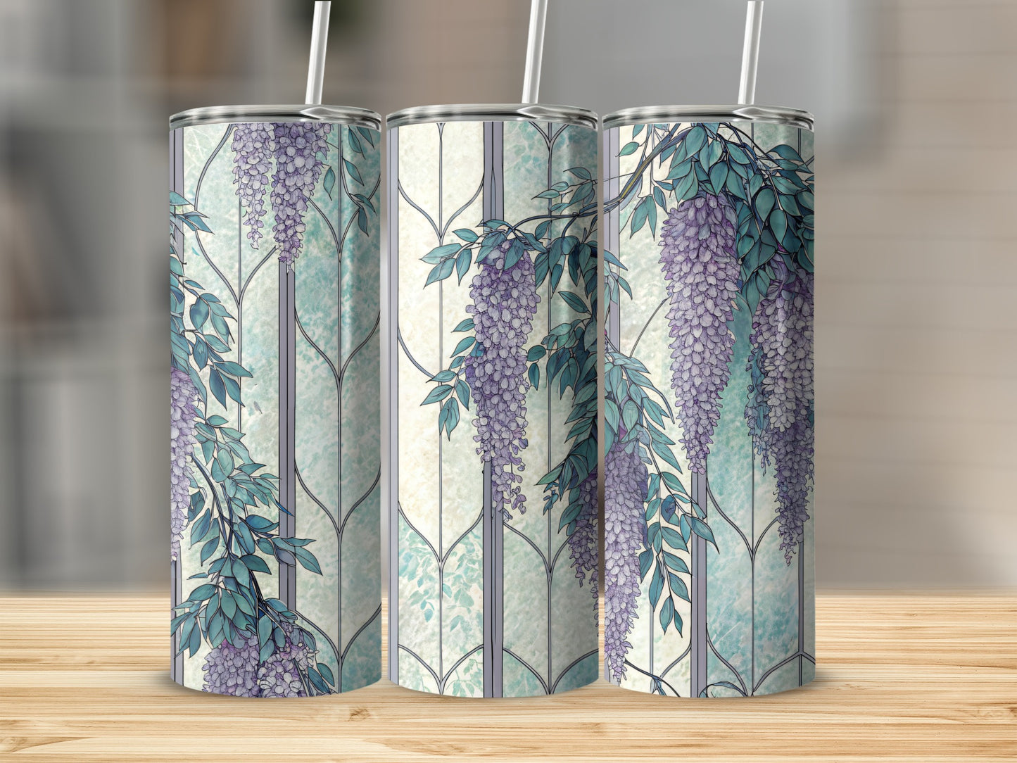 Wisteria Flowers At Faux Stained Glass Window 20 oz Skinny Tumbler - Walk Greener