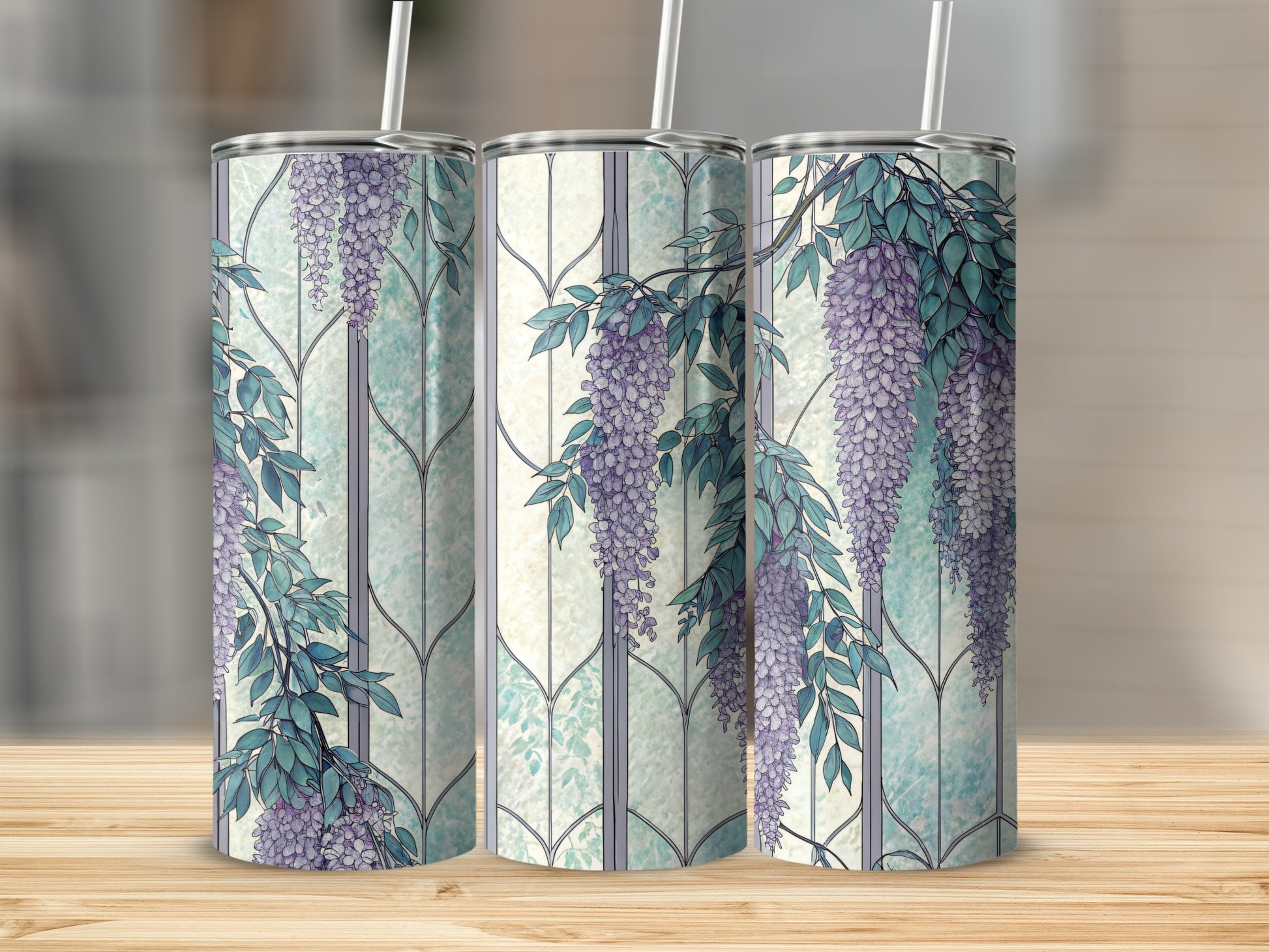 Wisteria Flowers At Faux Stained Glass Window 20 oz Skinny Tumbler - Walk Greener