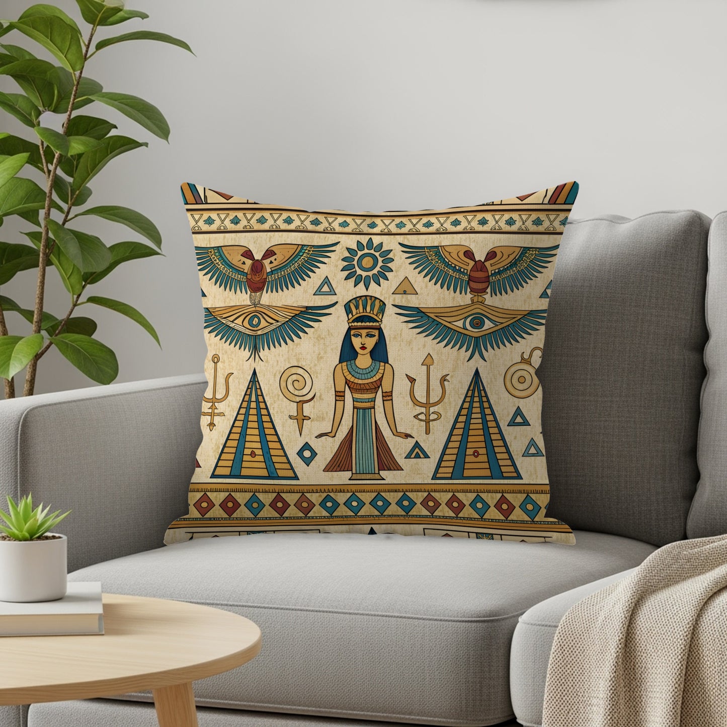 Egyptian Ancient Style Figures Symbols Teal Gold Pillows & Pillow Cases - Walk Greener