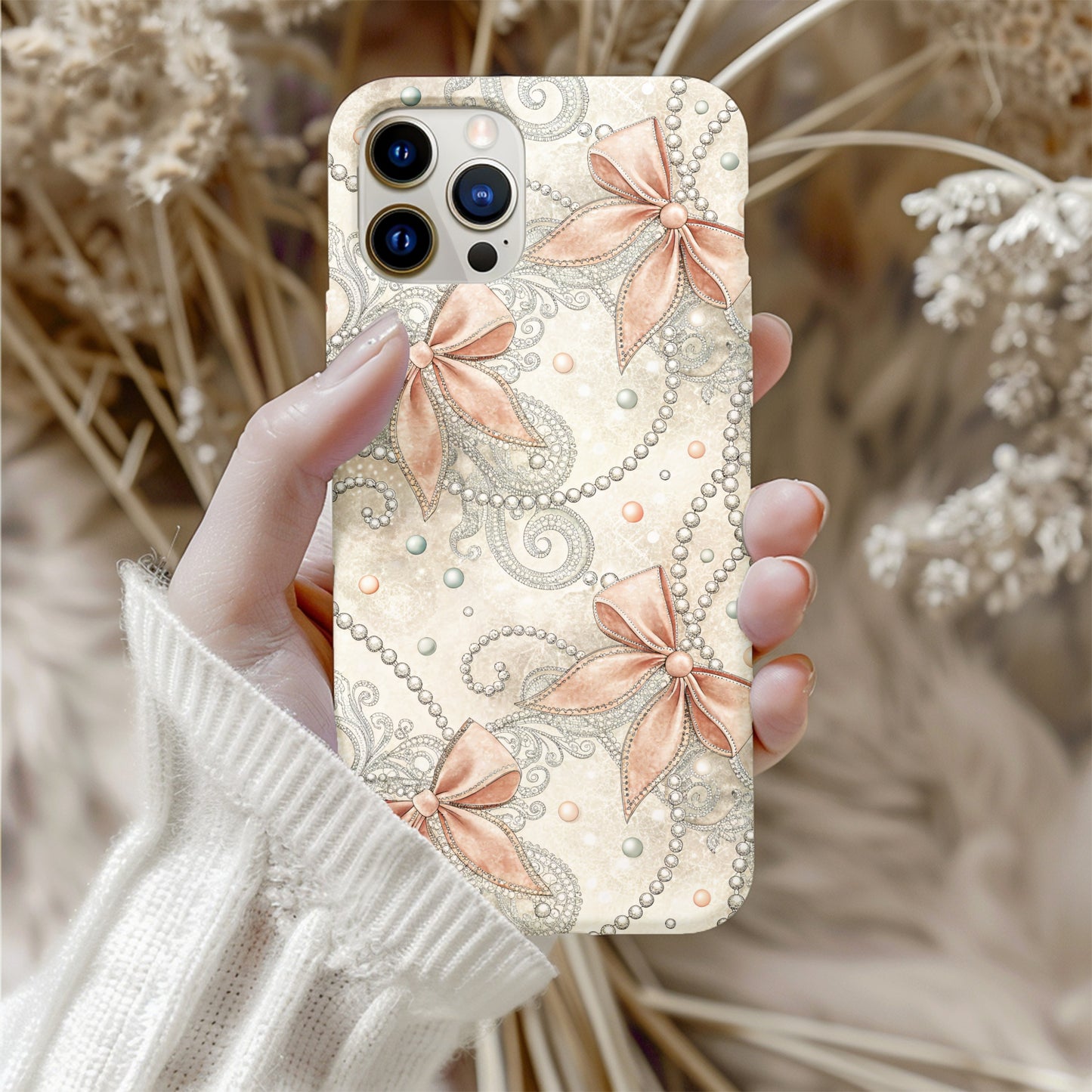 Elegant Floral Bows and Pearls Design Phone Case