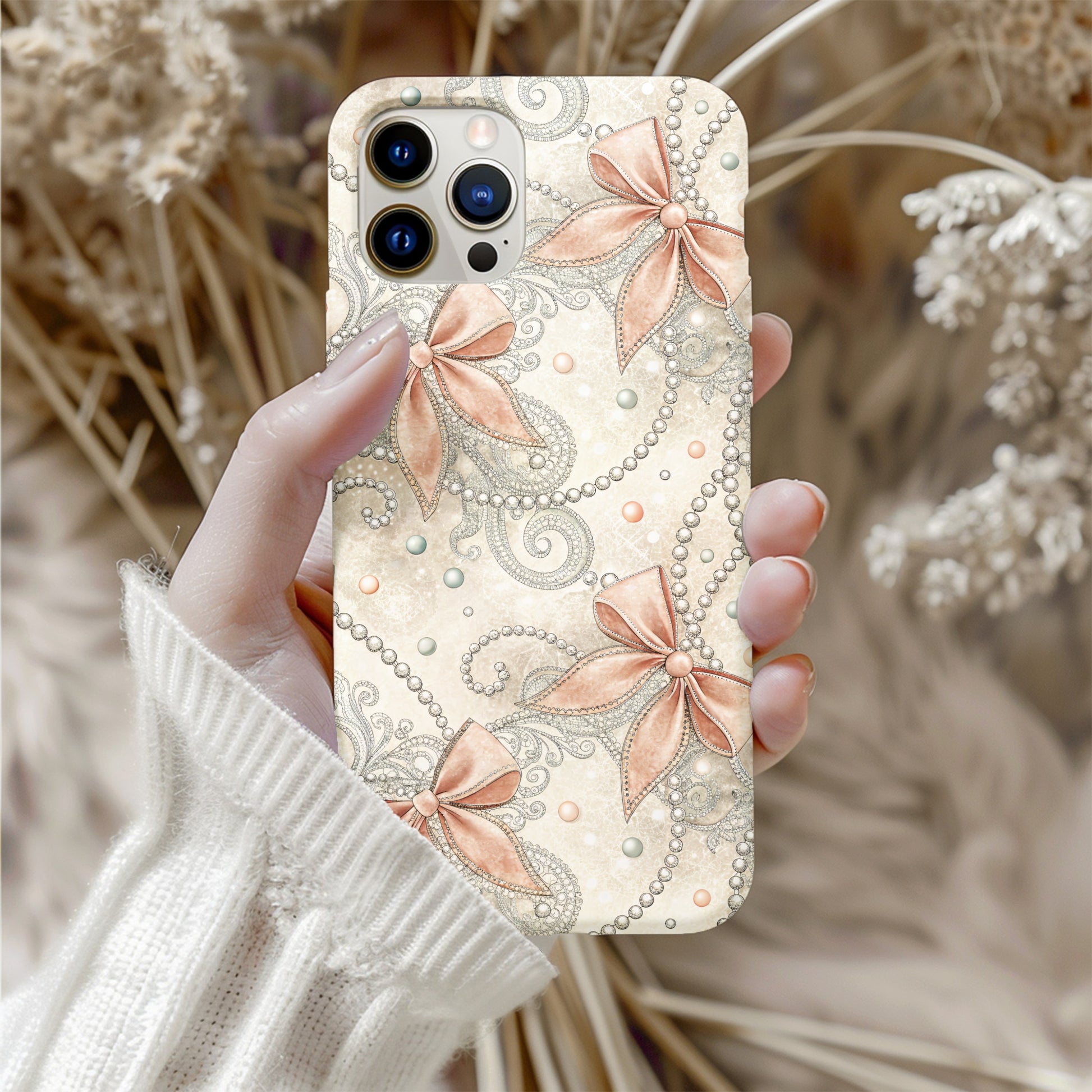 Elegant Floral Bows and Pearls Design Phone Case