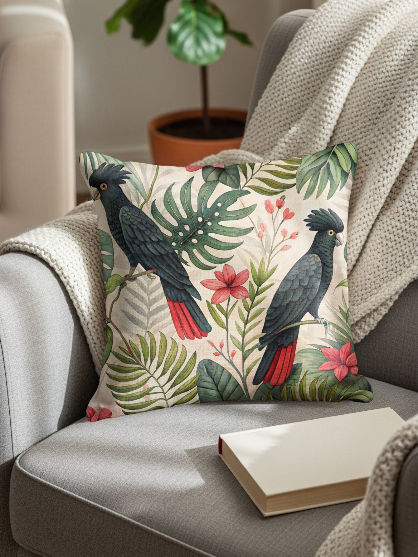 Tropical Parrot and Leaves Pattern Throw Pillow