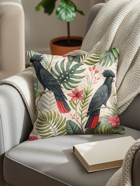 Tropical Parrot and Leaves Pattern Throw Pillow