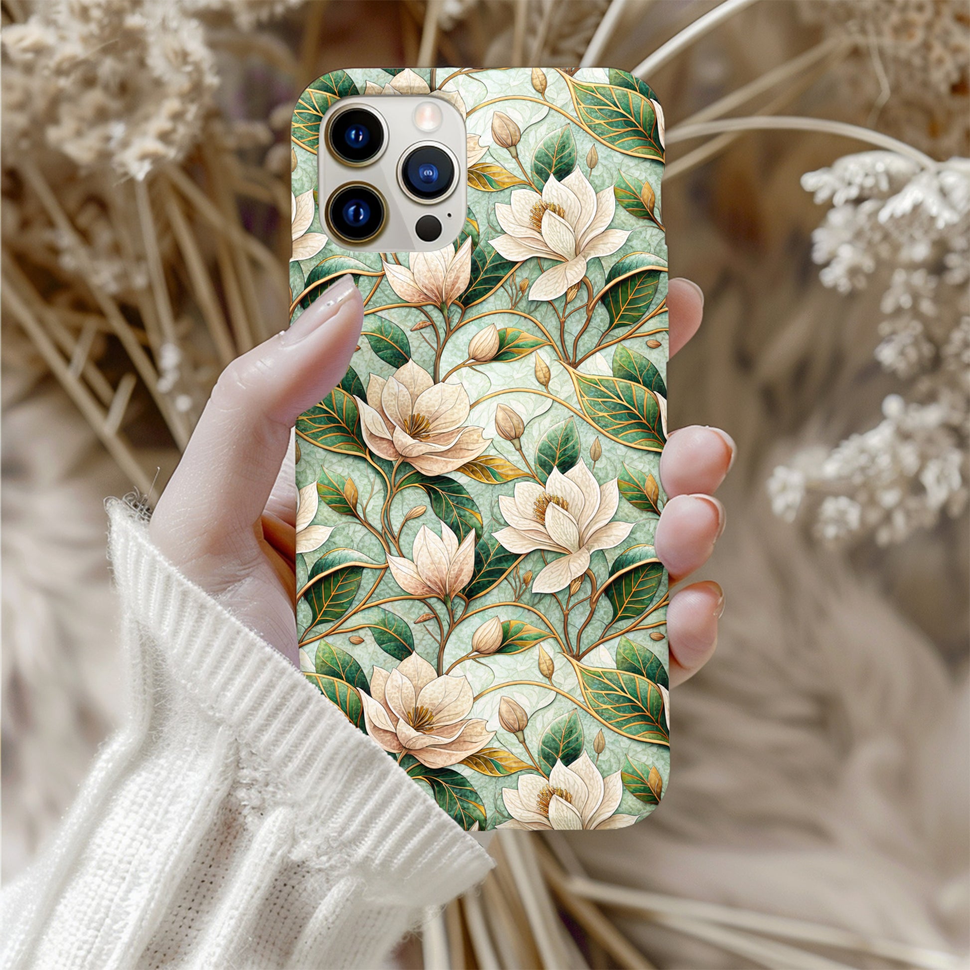 Elegant Floral Design Phone Case with Green Leaves