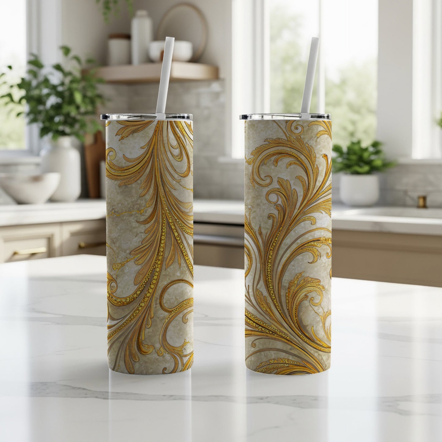 Elegant Golden Scroll Design Insulated Tumbler Cups