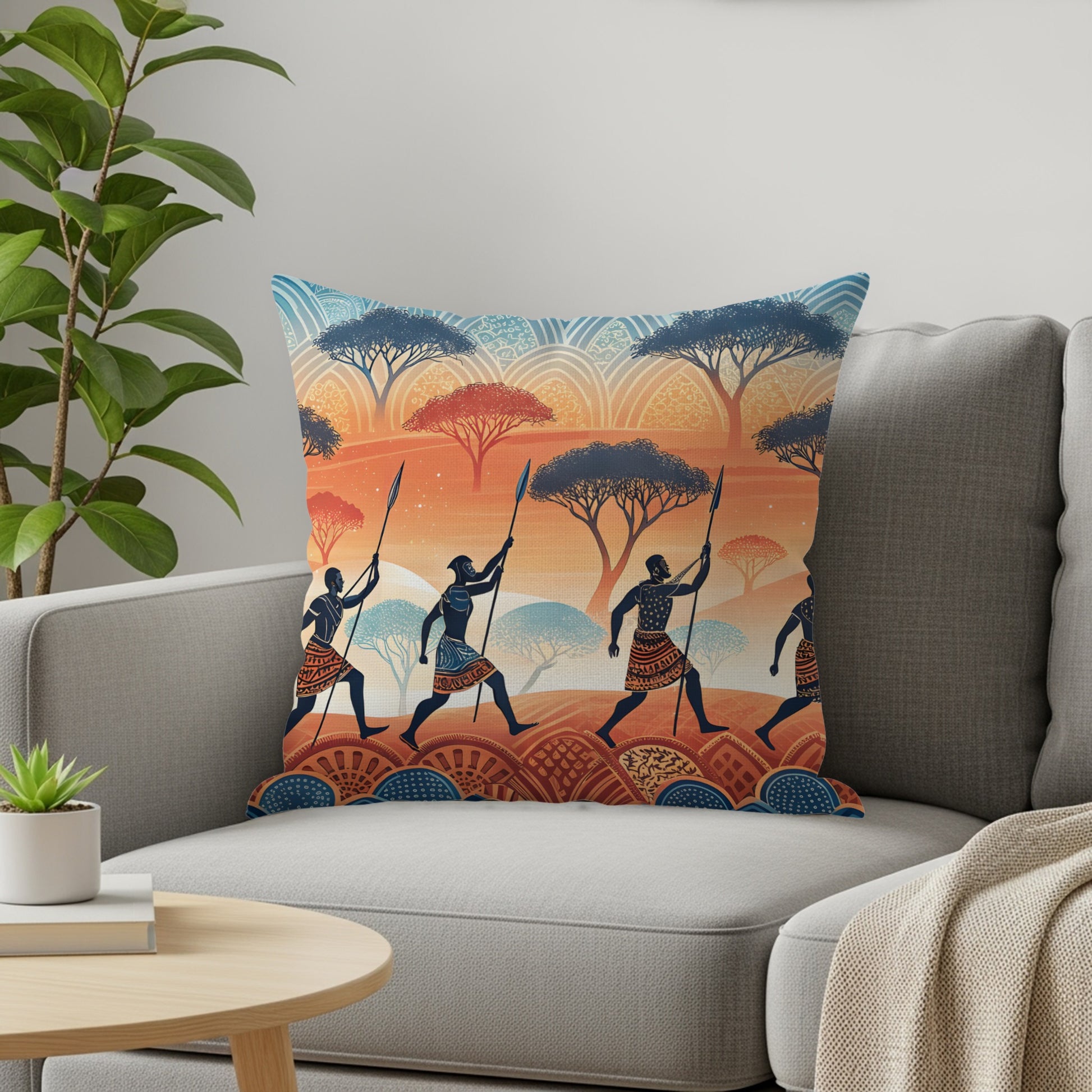 African Safari Warriors Under Acacia Trees Pattern Pillows & Pillow Cases - Walk Greener