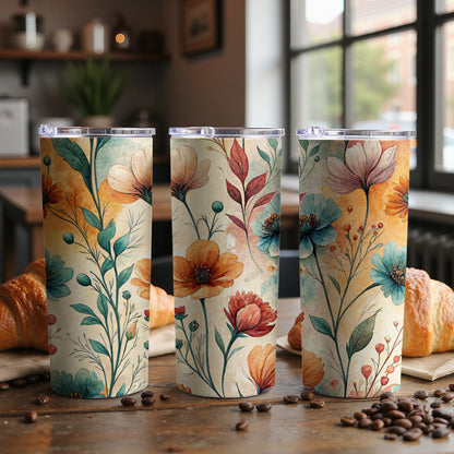 Watercolor Floral Pattern Botanical 20 oz Skinny Tumbler - Walk Greener